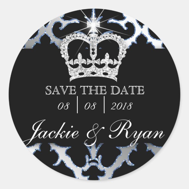 Damask Save Date Wedding Stickers Blue Crown (Front)