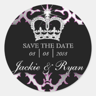 Damask Save Date Wedding Stickers Pink Crown