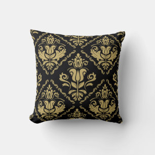 Damask seamless black and golden ornament. Traditi Cushion