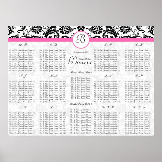 Damask Seating Chart Table Numbers - Alphabetical (Front)