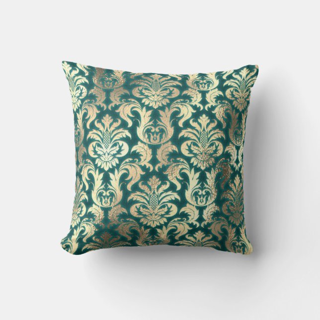 Damask Sepia Gold Lux  Metallic Teal Velvet Effect Cushion (Front)