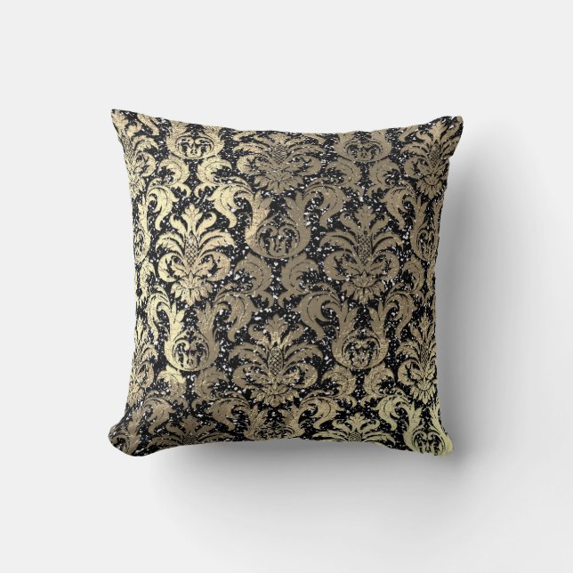 Damask Sepia Gold  Metallic Black Glitter Cushion (Front)