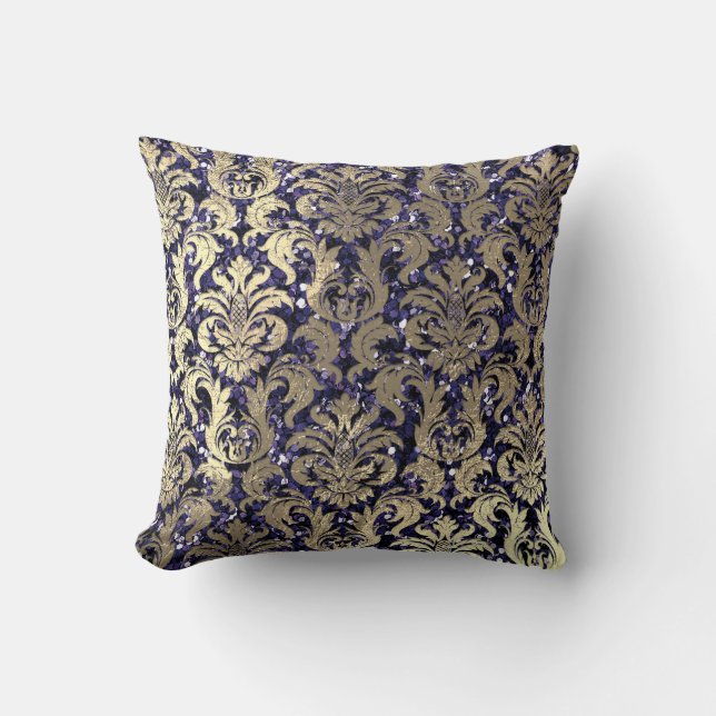 Damask Sepia Gold  Metallic Blue Navy Glitter Cushion (Front)