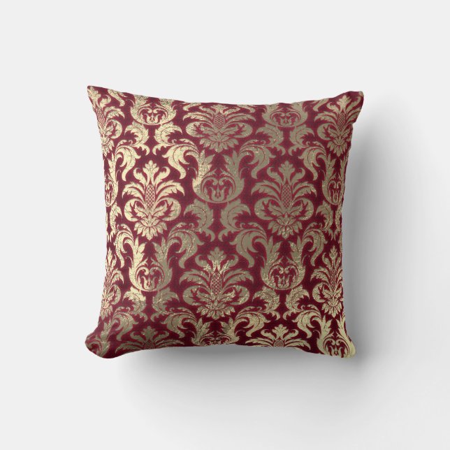 Damask Sepia Gold  Metallic Burgundy Velvet Cushion (Front)