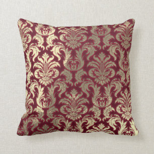 Damask Sepia Gold  Metallic Burgundy Velvet Cushion