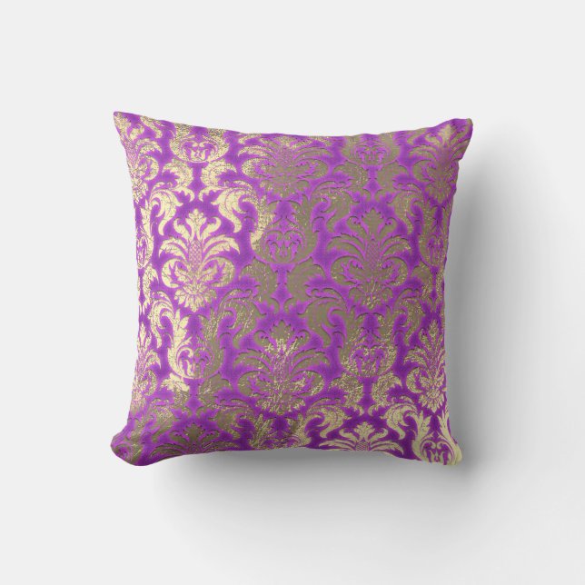 Damask Sepia Gold  Metallic Magenta Bright Pink Cushion (Front)