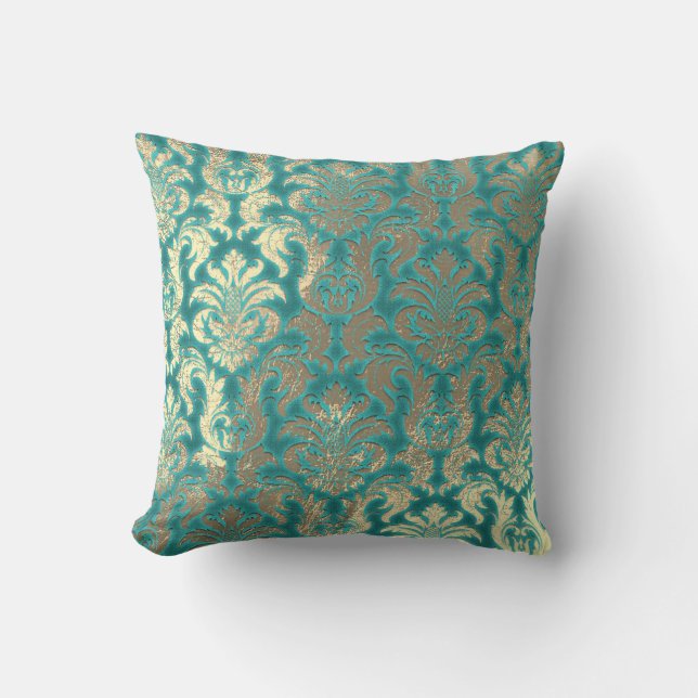 Damask Sepia Gold  Metallic Mint Blu Velvet Effect Cushion (Front)