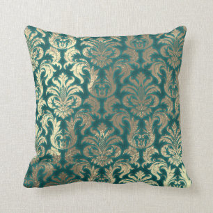 Damask Sepia Gold  Metallic Teal Velvet Effect Cushion