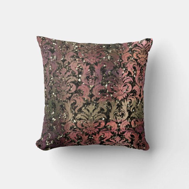 Damask Sepia Pastel Pink Green Metallic  Glitter Cushion (Front)