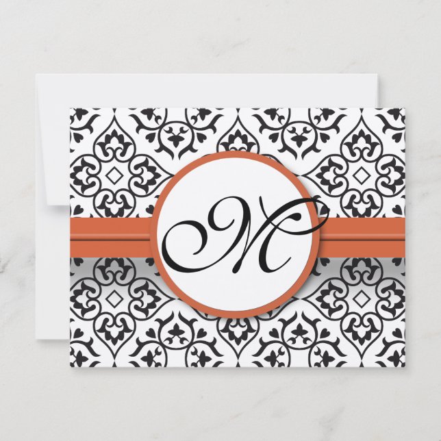 Damask Side Borders Orange Trim Wedding RSVP (Front)
