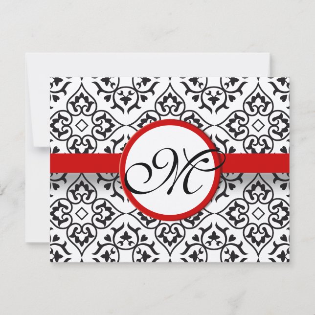 Damask Side Borders Red Trim Wedding RSVP (Front)