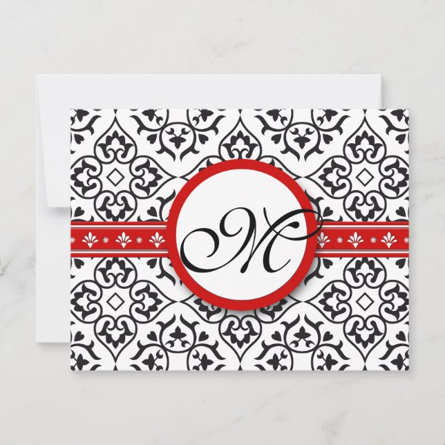 Damask Side Borders Red Trim Wedding RSVP (Front)