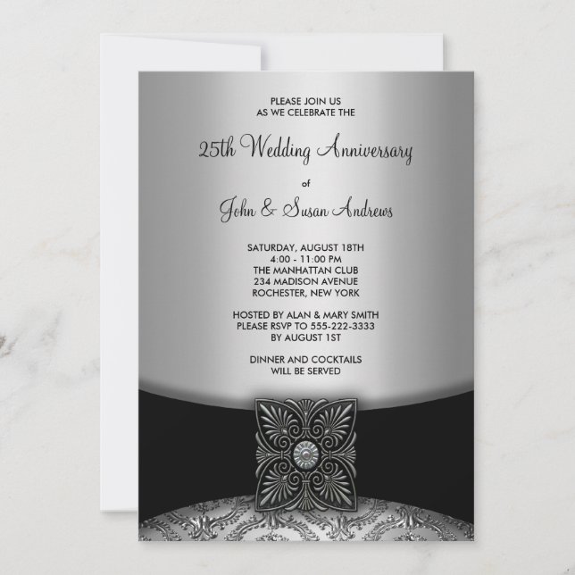 Damask Silver 25th Anniversary Party Invitation (Front)