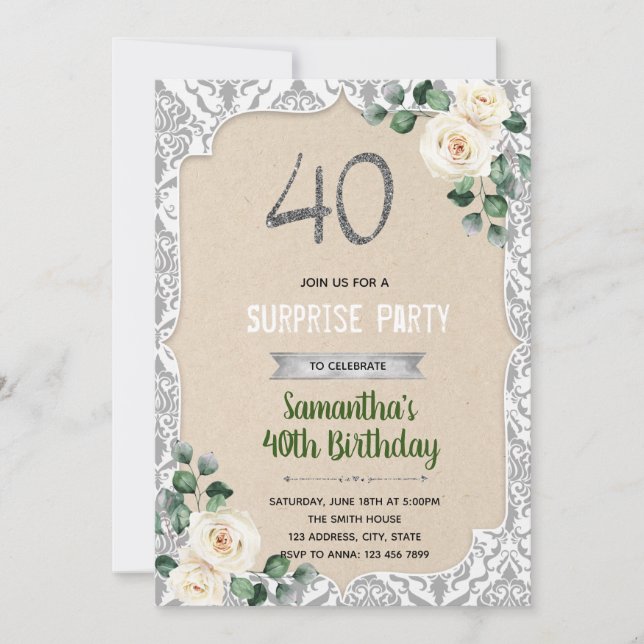 Damask silver 40th birthday invitation (Front)