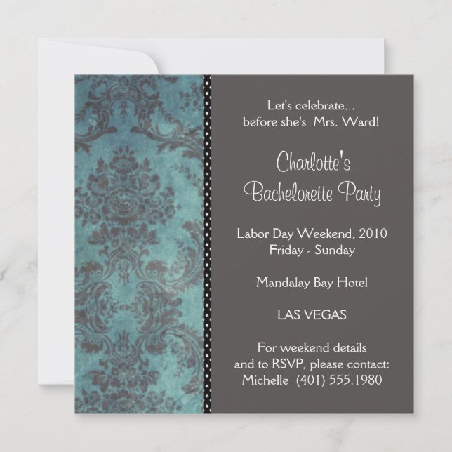 damask silver; bachelorette invitation (Front)