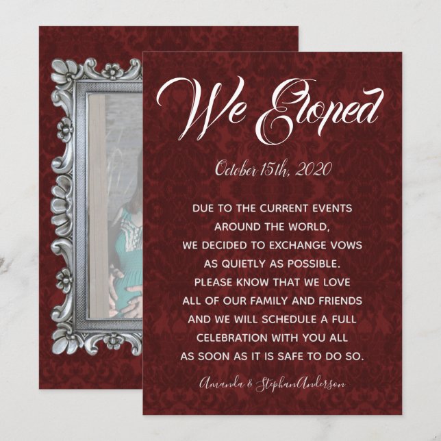 Damask Silver Frame Photo Elopement Announcement (Front/Back)