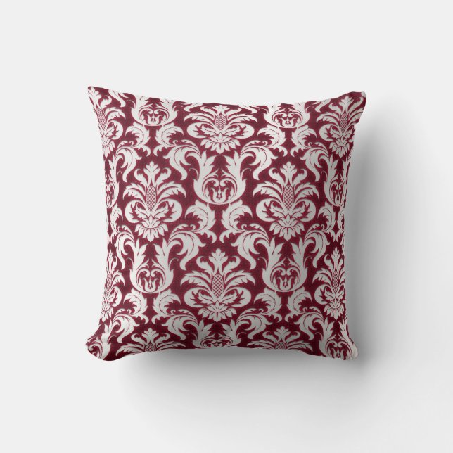 Damask Silver Gray Metallic Burgundy Velvet Cushion (Front)