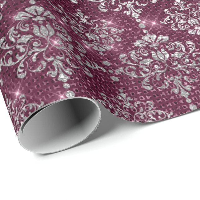Damask Silver Gray Royal Burgundy Beetroot Sparkly Wrapping Paper (Roll Corner)