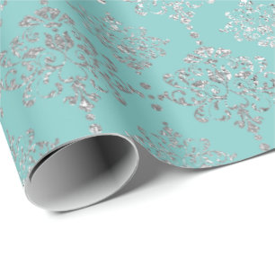 Damask Silver Gray Royal Metallic Aqua Blu Wrapping Paper