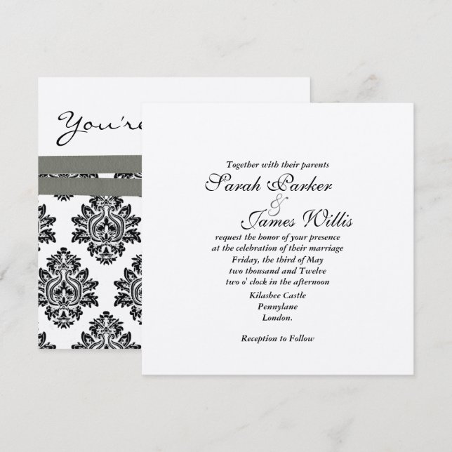 Damask Silver & Grey metallic Wedding Invite  TBA (Front/Back)