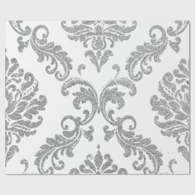 Damask Silver Grey Royal Metallic White Glitter Wrapping Paper (Flat)