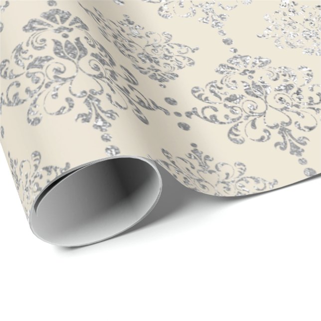 Damask Silver Ivory Grey GreyRoyal Ornament Formal Wrapping Paper (Roll Corner)