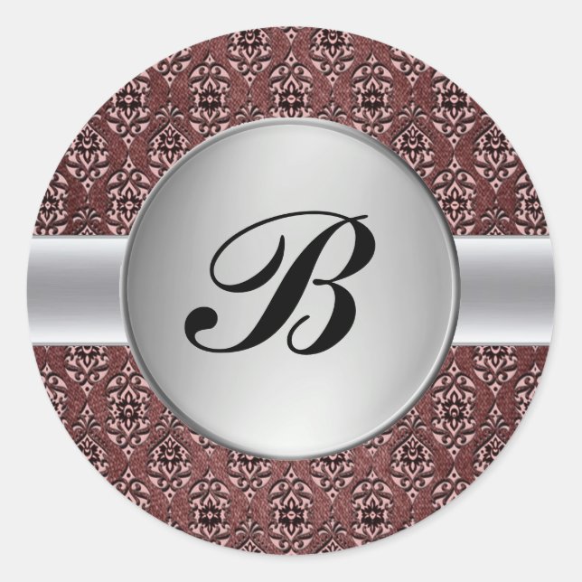 Damask silver monogram label envelope seal sticker (Front)
