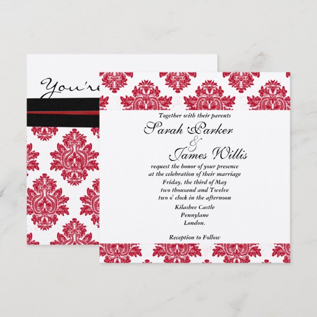 Damask Silver red  & black metallic Wedding Invite (Front/Back)