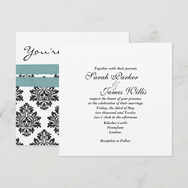 Damask Silver & turquoise metallic Wedding Invite (Front/Back)