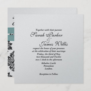 Damask Silver & turquoise metallic Wedding Invite