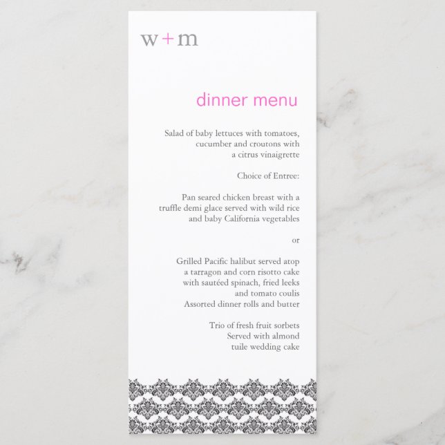 Damask Simplicity Grey Pink Wedding Menu (Front)