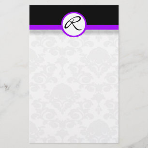 Damask Single Line Purple Monogram Stationery
