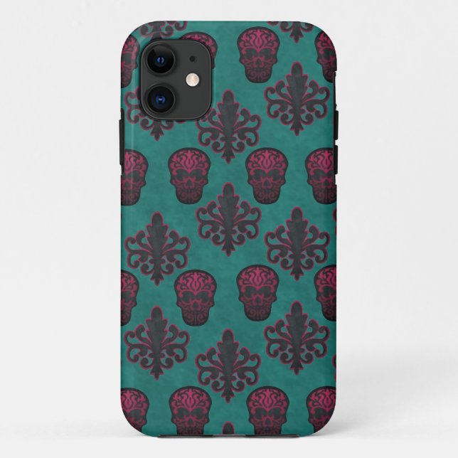 DAMASK SKULL HOT PINK ON TEAL Case-Mate iPhone CASE (Back)