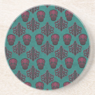 DAMASK SKULL HOT PINK ON TEAL COASTER
