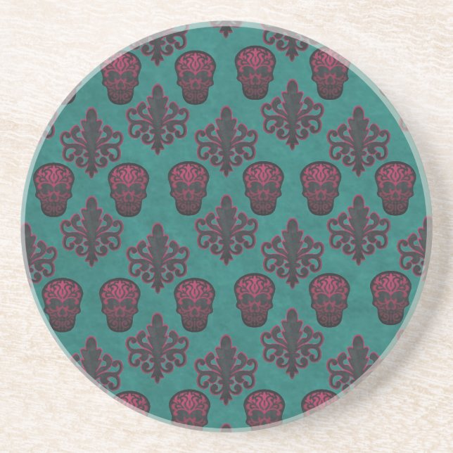 DAMASK SKULL HOT PINK ON TEAL COASTER (Front)
