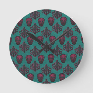 DAMASK SKULL HOT PINK ON TEAL ROUND CLOCK