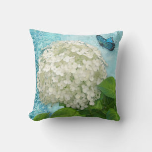 Damask Snowball White Hydrangea Blue Butterfly Art Cushion