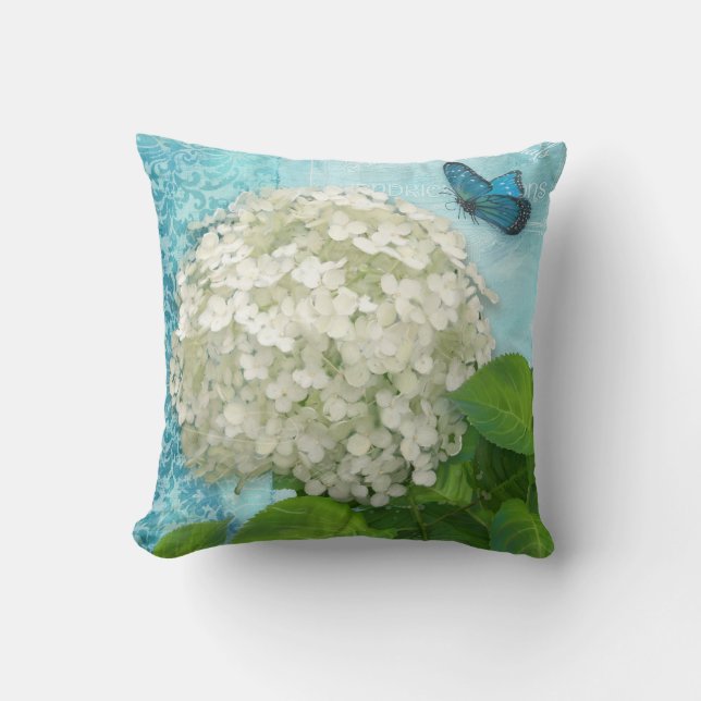 Damask Snowball White Hydrangea Blue Butterfly Art Cushion (Front)