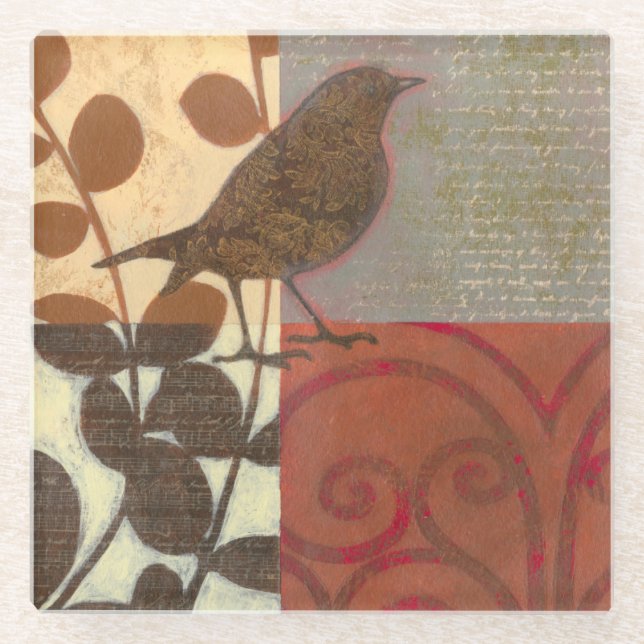 Damask Sparrow Glass Coaster (Front)