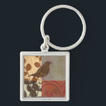 Damask Sparrow Key Ring<br><div class="desc">This contemporary fine art print of a brown sparrow and other collage-inspired details will add character to any living room or dining room. The image includes a red and brown colour theme. Get this beautiful and unique art print by artist Norman Wyatt today.</div>