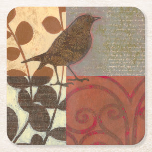 Damask Sparrow Square Paper Coaster