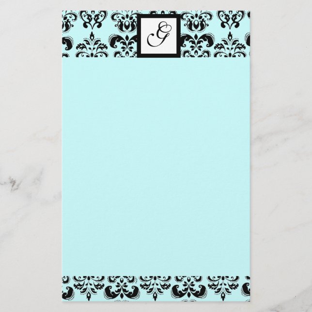 DAMASK SQUARE MONOGRAM ,blue Stationery (Front)