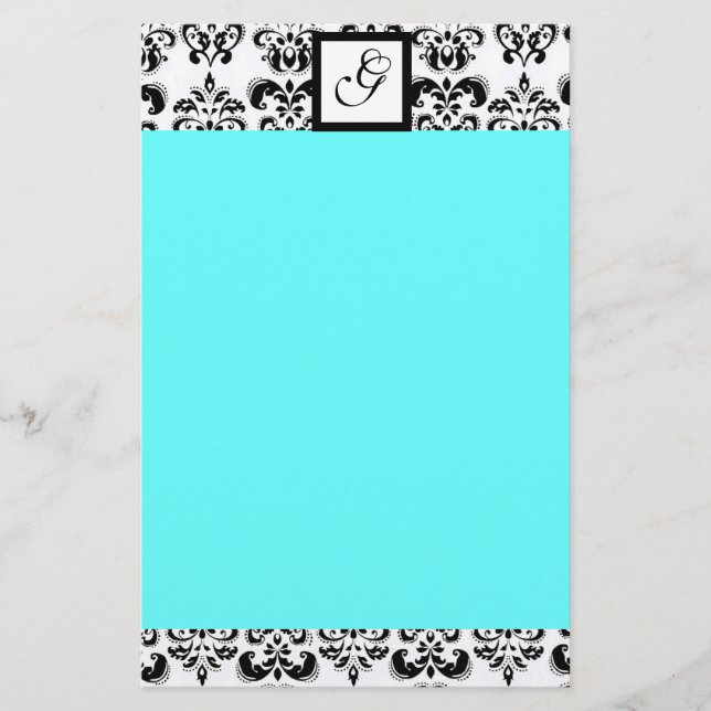 DAMASK SQUARE MONOGRAM ,blue turquase Stationery (Front)