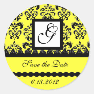 DAMASK SQUARE MONOGRAM yellow Classic Round Sticker
