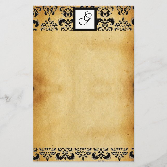 DAMASK SQUARE PARCHMENTMONOGRAM ,black and brown Stationery (Front)