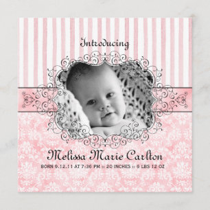 Damask & Stripe Baby Girl Birth Announcement