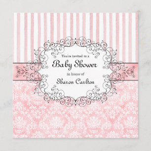 Damask & Stripe Baby Girl Shower Invitation