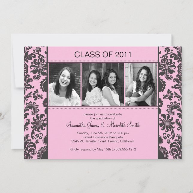 Damask Stripe Grad - Pink/Black Invitation (Front)