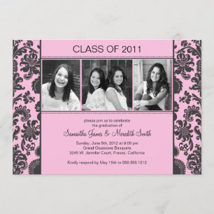 Damask Stripe Grad - Pink/Black Invitation