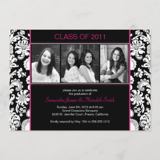 Damask Stripes Grad - Black/White/Fuschia Invitation